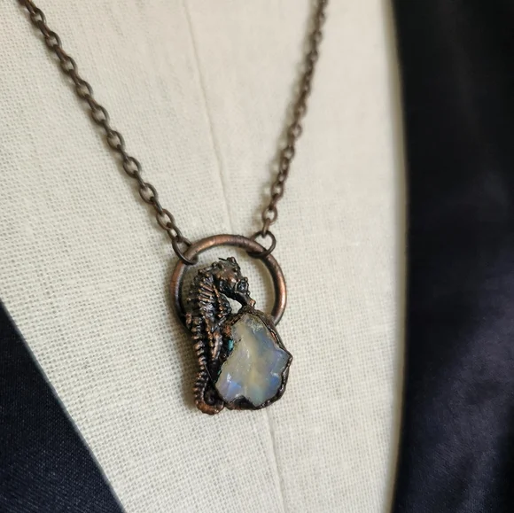 OOAK Copper and Opal Seahorse Necklace - Picture 4 of 9